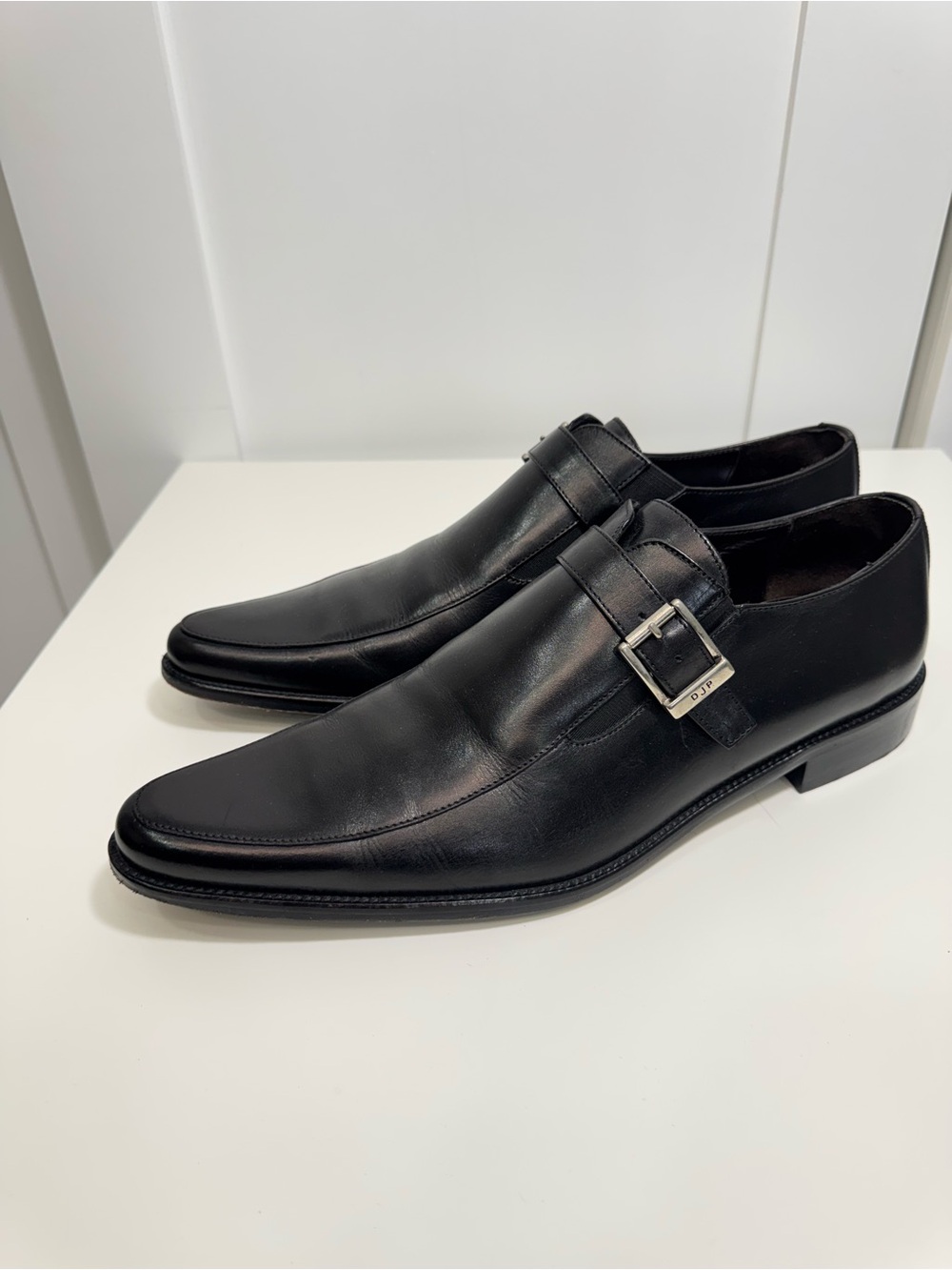 DONALD J. PLINER Men’s Black Leather Dress Shoes Monk Strap Silver DJP Buckle